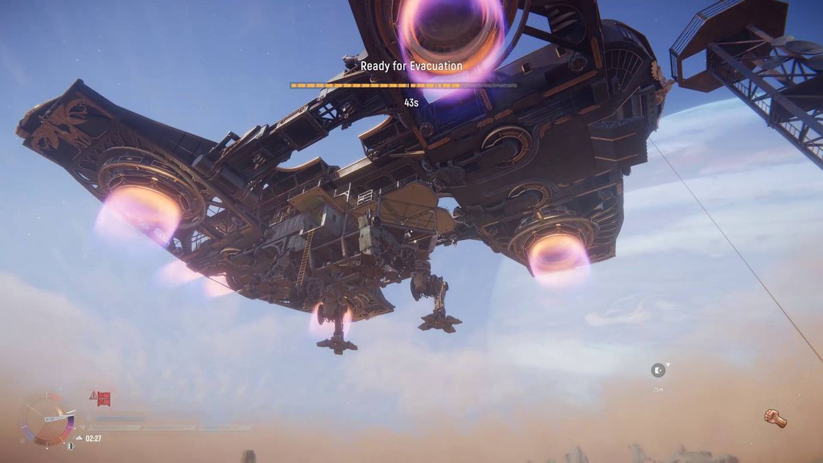 SAND screenshot showing the evacuation ship, cable, and countdown timer during extraction