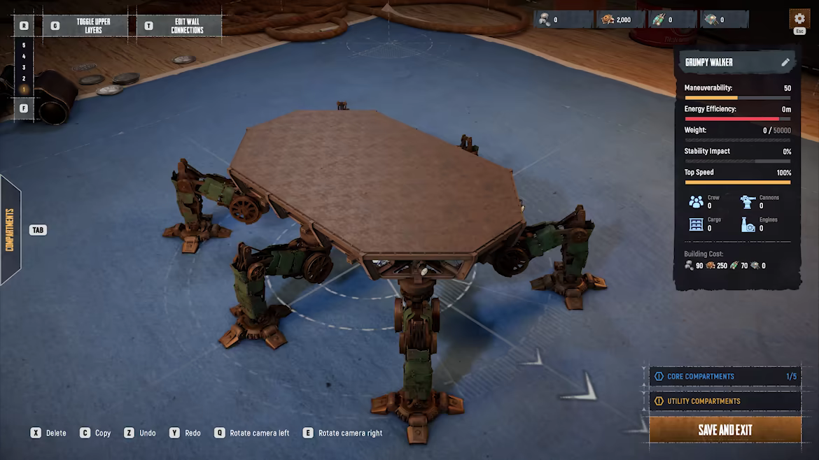 SAND Trampler editor showing modular walker build space